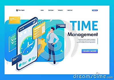 Businessman engaged in time management using the application on the smartphone. 3D isometric. Landing page concepts and web design Vector Illustration