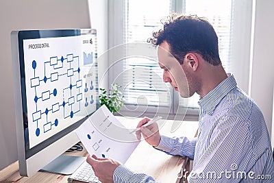 Businessman or engineer working on business process automation or algorithm Stock Photo
