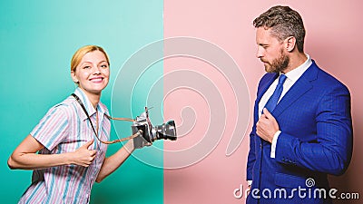 Businessman enjoy star moment. Photographer taking photo successful businessman. Paparazzi concept. Photosession for Stock Photo