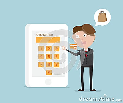 Businessman enter card number in smartphone Vector Illustration