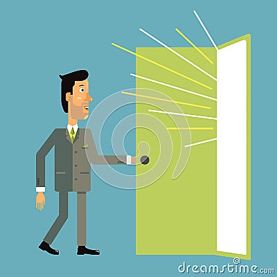 Businessman enters the open door from which light pours. Vector Illustration