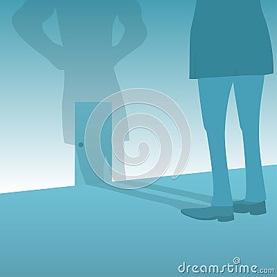 Businessman enters the open door from which light pours. Vector illustration in flat design style. Vector Illustration