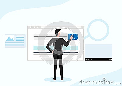 Businessman enters search bar with rounded corners Internet browser engine with search box, address bar and text fields. UI design Vector Illustration