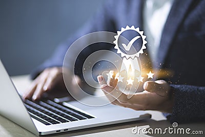Businessman, entrepreneur, showing signs ISO standard of business and industry to certify the quality and environmental management Stock Photo