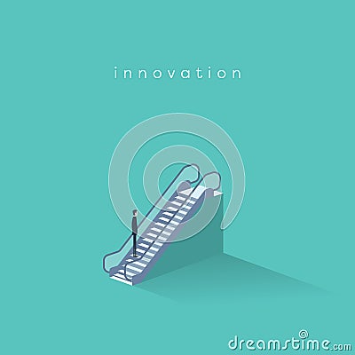 Businessman on an escalator moving up. Symbol of business innovation, technology progress and creativity. Vector Illustration