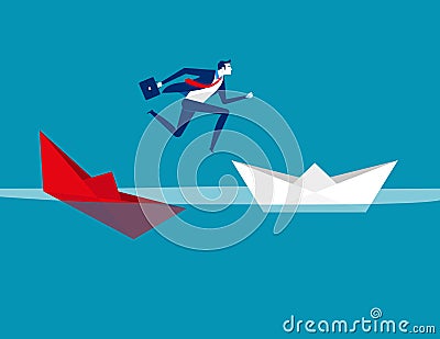Businessman escaping sunken paper boat ship. Concept business vector illustration, Flat character design, Cartoon business style Vector Illustration