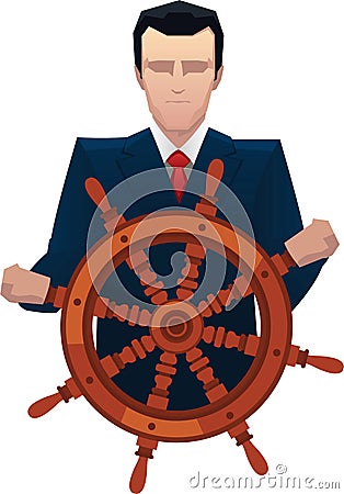 Businessman executive manager businessperson holding business rudder firm Cartoon Illustration