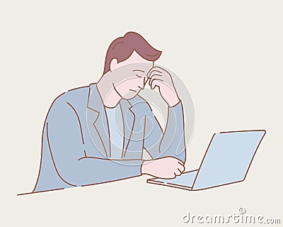 Businessman exhausted work on laptop stress with outline or line and clean simple style Vector Illustration