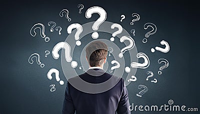 Businessman facing chalkboard with multiple question marks on a dark background, conveying a concept of uncertainty and problem- Cartoon Illustration
