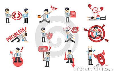 Businessman failures character design set. Ð¡ollection of business stories. Flat style modern vector illustration. Vector Illustration