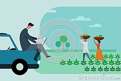 An agri business executive looks at is laptop and farmers walking through the farm Vector Illustration