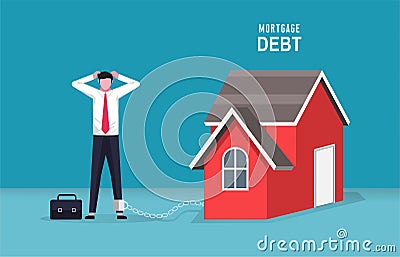 Businessman feels depression and got chained with home icon symbol. Mortgage debt vector illustration Vector Illustration