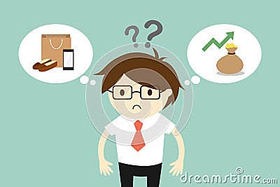 Businessman feels stuck between two choices. Cartoon Illustration