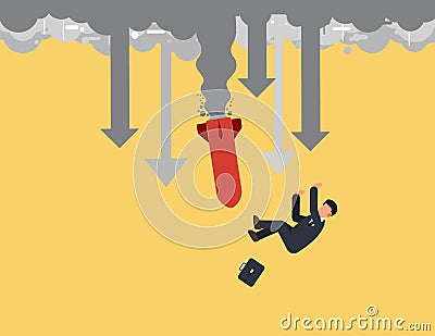 Businessman fell from flying a rocket. Business failure, career crisis and misfortune concept Vector Illustration
