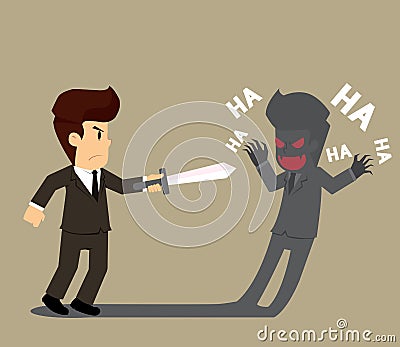 Businessman fighting against his own shadow, his evil Vector Illustration