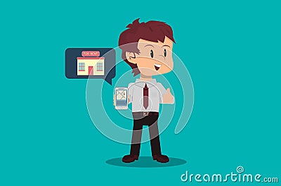 Businessman finds opportunity to invest in real estate from an application on his smartphone. Entrepreneurship concept. Flat style Vector Illustration