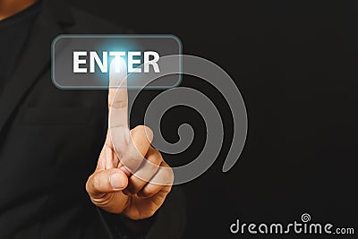 Businessman finger touch press enter button. hand click online digital Stock Photo