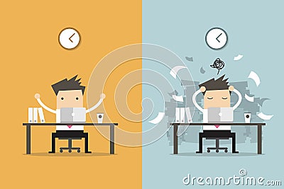 Businessman finish working and busy businessman unfinished work. Vector Illustration