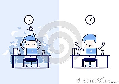 Businessman finish working and busy businessman unfinished work. Cartoon character thin line style vector Vector Illustration