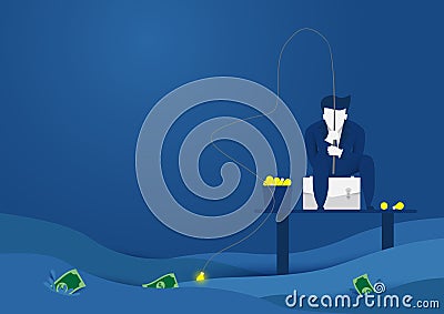 Businessman fishing dollar money. Ideas into money concept.Flat style vector design Vector Illustration