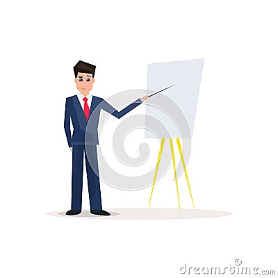 Businessman with flipchart. Business coach with presentation. Vector Illustration