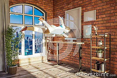 businessman floating in air gets sucked into pc display surreal stress immersion and virtual reality concept bright urban office Stock Photo