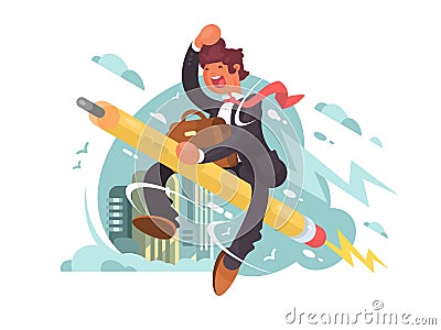 Businessman fly on pencil Vector Illustration