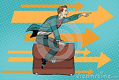 Businessman flying on a leather business briefcase Vector Illustration