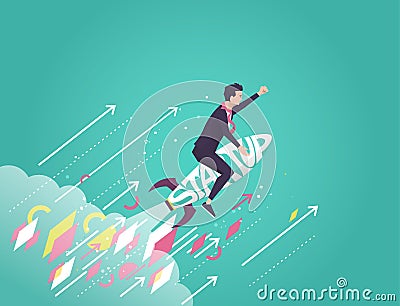 Businessman flying on a rocket on blue background Vector Illustration