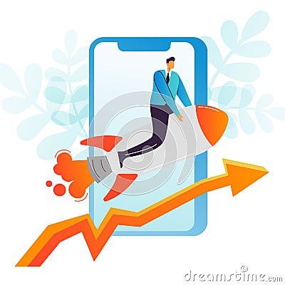 Businessman Flying on a Rocket. Business Mobile Startup, Career Boost, Web Technology Concept. Office Worker Character Vector Illustration