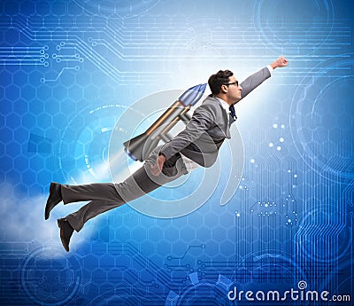 Businessman flying with rocket in funny business concept Stock Photo