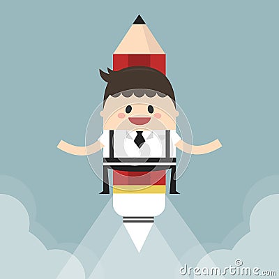 Businessman flying with a rocket pencil Vector Illustration