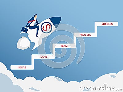 Businessman flying on rocket start up to success. Flying to success concept. Stair step to success concept. Vector Illustration