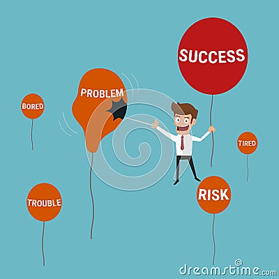 Businessman flying success balloon and pushing needle to pop a problem balloons. Vector Illustration