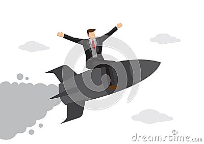 Businessman flying on top of a rocket on a sky background. Concept of startup, growth and achievement. Vector Illustration