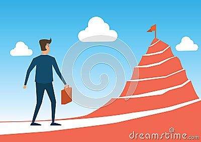 Businessman focus to flag above high mountain around with way in Vector Illustration