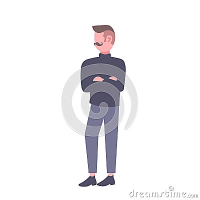 Businessman folded hands standing pose casual business man mustaches trendy haircut full length male cartoon character Vector Illustration