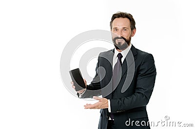 Businessman formal suit holds smartphone. Man bearded businessman glad announce new version update application. Check Stock Photo