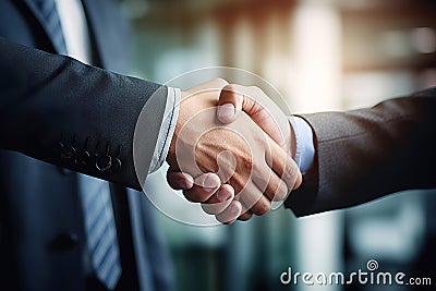 Businessman in formal suit making handshake with partner outdoors. Business people shaking hands finishing up a meeting. Cartoon Illustration