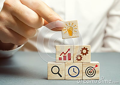 Businessman forms a business strategy. The concept of developing innovative technologies. Action plan, management, research, Stock Photo