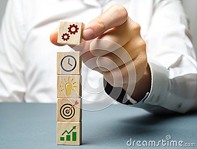 Businessman forms a business strategy. The concept of developing innovative technologies. Action plan, management, research, Stock Photo