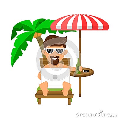 Businessman or Freelance man on beach on a lounger, under a palm tree, drink beer and work. Easy job concept. Vector Illustration