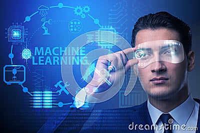 The businessman with futuristic glasses in machine learning concept Stock Photo