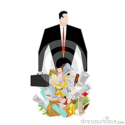 Businessman in garbage heap. Boss in Pile Rubbish. Waste management in Stack trash Vector Illustration