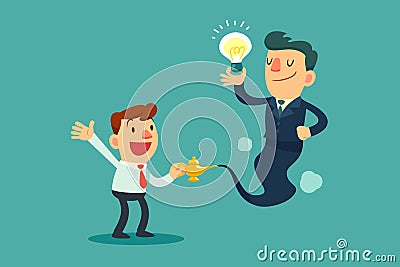 Businessman genie with idea bulb come out of magic lamp Vector Illustration