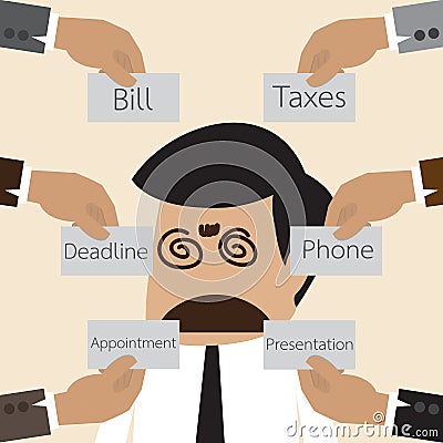 Businessman get confuse with many think to do Vector Illustration