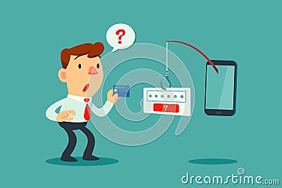 Businessman get confused by fishing rod from smart phone Vector Illustration