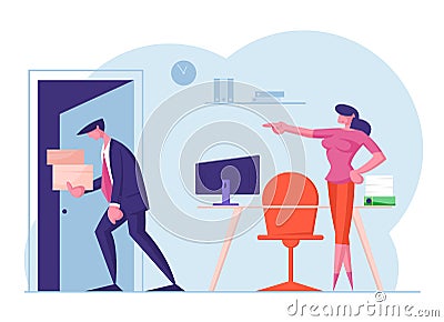 Businessman Get Fired. Upset Collar with Cardboard Boxes in Hands Leaving Office with Angry Lady Boss Pointing on Door Vector Illustration
