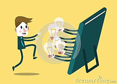 Businessman get a lot of light bulb ideas from internet. Vector Illustration