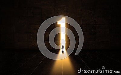 Businessman Getting out from a dark Concrete Room Thought A Doorway made by Number 1. Be the First one Concept idea Business Stock Photo